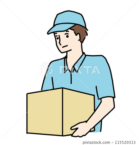 Line drawing illustration of a smiling courier delivering a package 115520313