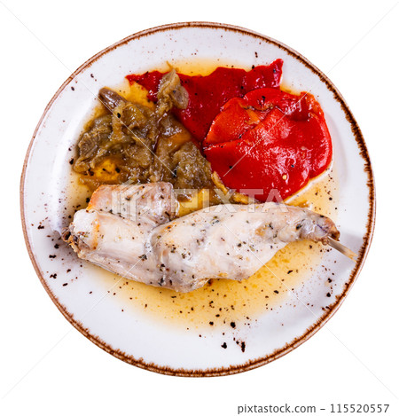 Roasted rabbit served with potato and vegetables Roasted rabbit served with potato and vegetables 115520557