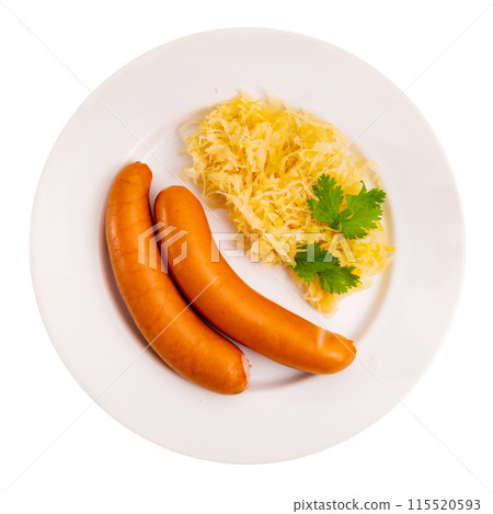 Tasty sausages with side dish of sauerkraut Tasty sausages with side dish of sauerkraut 115520593