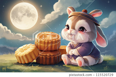 Moonlit Mid-Autumn Festival with Adorable Rabbit and Mooncakes, Generated by AI 115520729