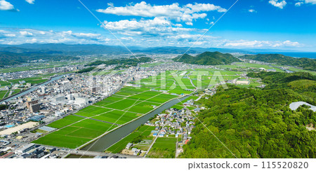 Aerial drone shot of Kochi city from above Mount Godai in Kochi City on a clear day in early summer 115520820