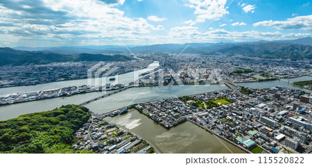 Aerial drone shot of Kochi city from above Mount Godai in Kochi City on a clear day in early summer Aerial drone shot of Kochi city from above Mount Godai in Kochi City on a clear day in early summer 115520822