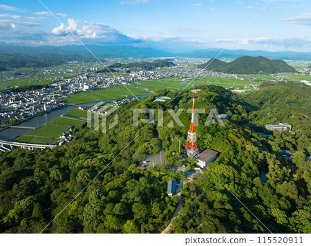 Aerial drone shot of Kochi city from above Mount Godai in Kochi City on a clear day in early summer 115520911