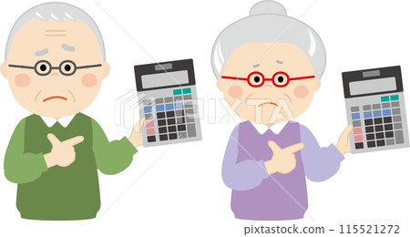 一名老人和一名婦女指著計算器的插圖 一名老人和一名婦女指著計算器的插圖 115521272