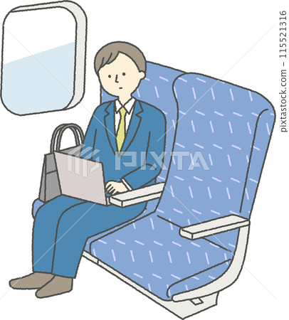 一名穿著西裝的男子在乘坐新幹線時工作 一名穿著西裝的男子在乘坐新幹線時工作 115521316