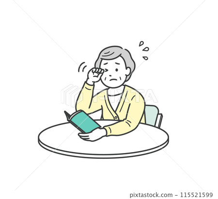 一位老年婦女因視力模糊而揉眼睛的上半身插圖 115521599