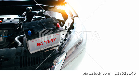 The car battery of the automobile electrical system in the engine compartment for car maintenance 115522149