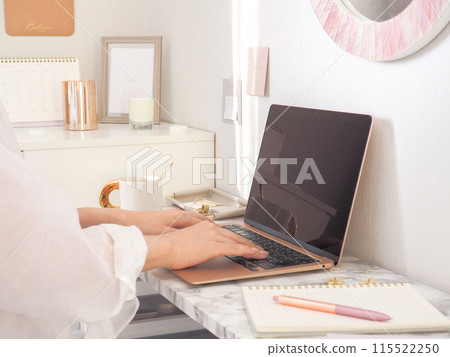 Feminine workspace and laptop, woman's hands operating a laptop Feminine workspace and laptop, woman's hands operating a laptop 115522250