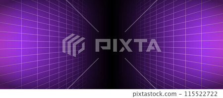 Purple glowing neon wireframe background. Shining checkered vertical grid planes in perspective. Retro futuristic depth wallpaper. Arcade game sci fi matrix surface backdrop for poster, banner. Vector 115522722