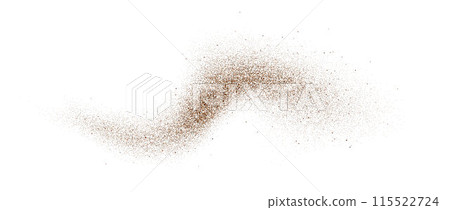 Coffee, cocoa or chocolate powder particles and speckles. Brown dust or sand wavy element. Ground beans, grains and granules wave flowing shape. Vector sprayed specks overlay texture Coffee, cocoa or chocolate powder particles and speckles. Brown dust or sand wavy element. Ground beans, grains and granules wave flowing shape. Vector sprayed specks overlay texture 115522724