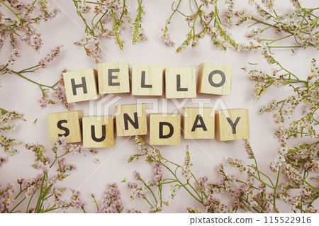 Top view of Hello Sunday alphabet letters with flowers decoration on pink background 115522916