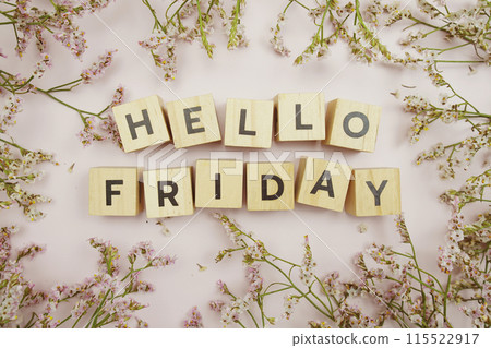Hello Friday alphabet letter on pink background Hello Friday alphabet letter on pink background 115522917