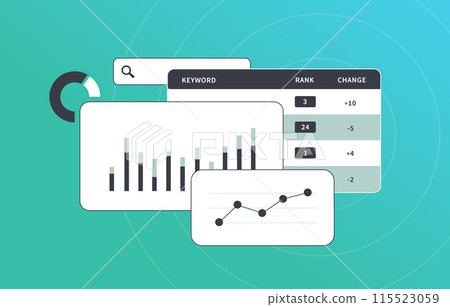 SEO analysis with keyword research tracking software, backlink analysis, search engine optimization. Competitor analysis and seo ranking performance metrics. Vector illustration on green background 115523059