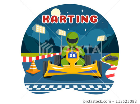 Vector Illustration of Karting Sport with a Racing Game Go Kart or Mini Car on a Small Circuit Track in a Flat Style Cartoon Background Design 115523088