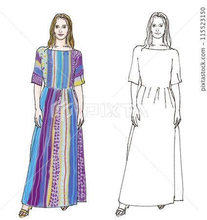 Full-body illustration of a woman wearing an Asian dress 115523150