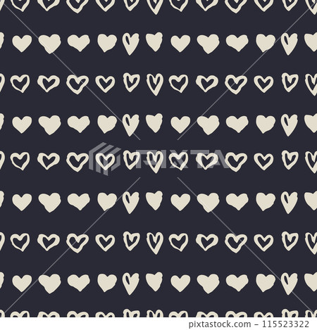 Monochrome dark blue and beige romantic seamless pattern with sketchy heart stripes 115523322
