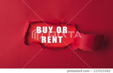 A red background with a white word that says buy or rent A red background with a white word that says buy or rent 115523382