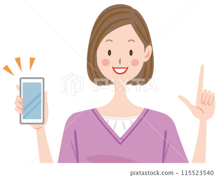 Woman with smartphone, payment, discount, explanation, pointing 115523540