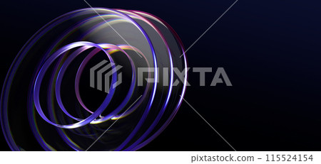 Abstract 3d black background wallpaper with glass transparent circles and colorful light iridescent neon holographic gradient. Crystal render rings, digital graphic design tech banner. 3D illustration 115524154