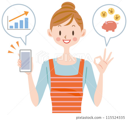 Woman holding smartphone, investment, points, benefits, explanation, pointing 115524335