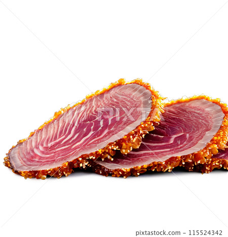 Ostrich fillets marinated and seared sliced against the grain photographed with a soft focus background 115524342