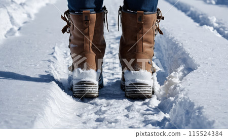 Close up of woman s boots walking in deep snow leaving footprints crisp crunching sound 115524384