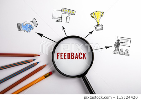 FEEDBACK. Black magnifying glass on a white background FEEDBACK. Black magnifying glass on a white background 115524420