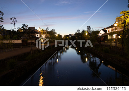 Kurashiki Bikan Historical Quarter as seen from Nakabashi Bridge at night Kurashiki Bikan Historical Quarter as seen from Nakabashi Bridge at night 115524453