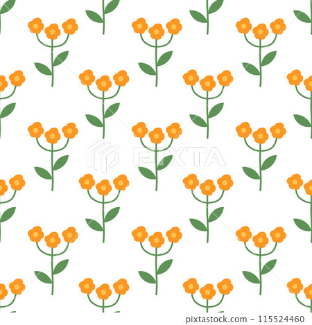 Seamless pattern with orange flowers. Spring and summer floral background. Design for wallpaper, wrapping paper, background, fabric. Vector flat illustration. 115524460