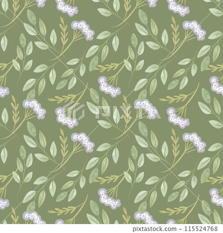 White oregano and soft green branches with leaves. Seamless watercolor pattern for fabric, wallpaper, wrapping paper, packaging cosmetics, tablecloths, curtains and home textiles. White oregano and soft green branches with leaves. Seamless watercolor pattern for fabric, wallpaper, wrapping paper, packaging cosmetics, tablecloths, curtains and home textiles. 115524768