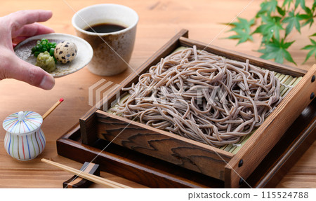 Zaru soba (condiments: chopped green onion, quail eggs, wasabi) Zaru soba (condiments: chopped green onion, quail eggs, wasabi) 115524788