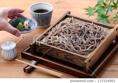 Zaru soba (condiments: chopped green onion, quail eggs, wasabi) Zaru soba (condiments: chopped green onion, quail eggs, wasabi) 115524801