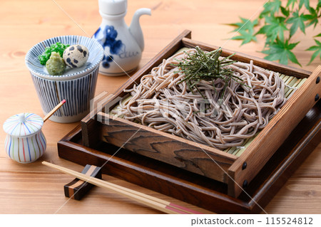 Zaru soba (condiments: chopped green onion, quail eggs, wasabi) 115524812