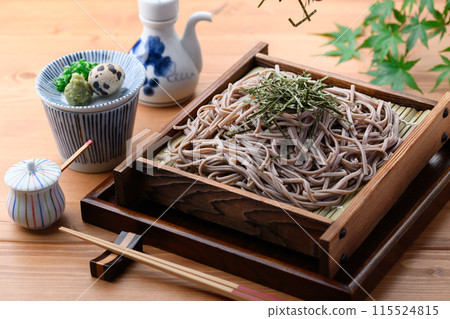 Zaru soba (condiments: chopped green onion, quail eggs, wasabi) Zaru soba (condiments: chopped green onion, quail eggs, wasabi) 115524815