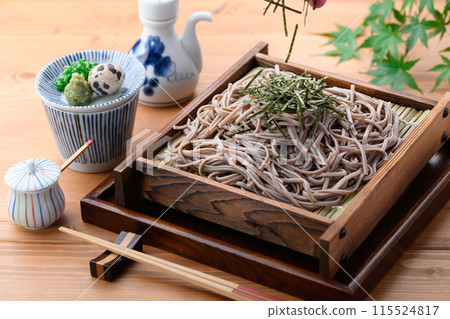 Zaru soba (condiments: chopped green onion, quail eggs, wasabi) 115524817