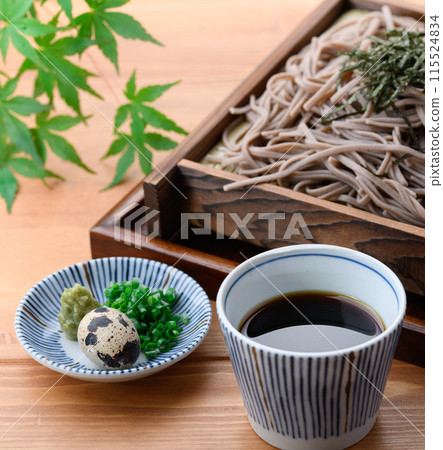 Zaru soba (condiments: chopped green onion, quail eggs, wasabi) 115524834