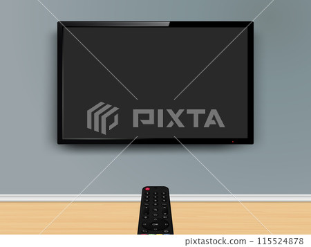 Watching online TV. Remote control is pointed at the TV on the wall. 115524878