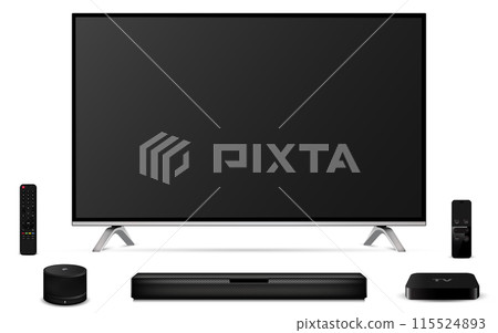 Modern smart oled tv with remote control, sound bar, set-top box and smart speaker 115524893