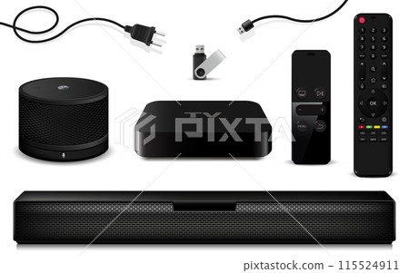 TV set-top box, sound bar, smart speaker, remote controls and usb flash drive TV set-top box, sound bar, smart speaker, remote controls and usb flash drive 115524911