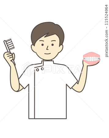 一位男性牙醫用牙齒模型和牙刷解釋刷牙 115524964