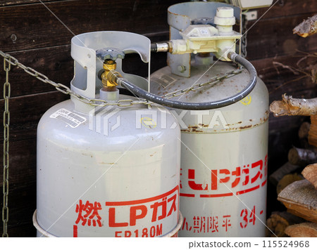 Propane gas tank installed outside the log house 115524968