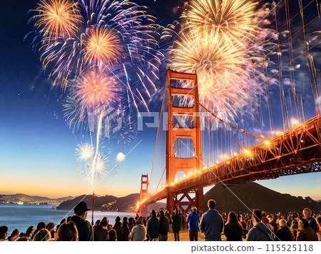 Golden Gate Bridge and many people watching the fireworks Golden Gate Bridge and many people watching the fireworks 115525118
