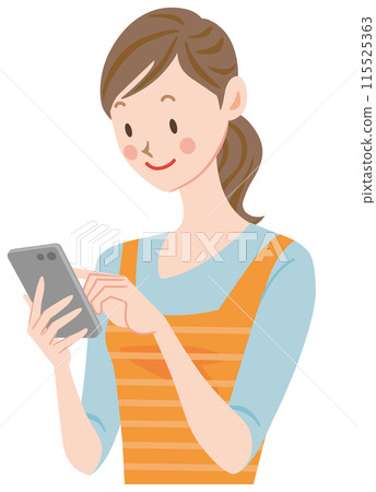 觸摸智慧型手機的女人 年輕女子透過觸控螢幕操作智慧型手機 115525363