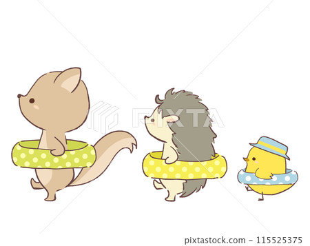 Illustration of animals walking with swim rings 115525375