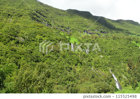 新娘面紗瀑布從位於法國海外省留尼旺島中心的世界遺產薩拉濟冰斗的懸崖上流過。 新娘面紗瀑布從位於法國海外省留尼旺島中心的世界遺產薩拉濟冰斗的懸崖上流過。 115525498