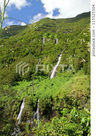 The Bride's Veil Falls flow down the cliffs of the Cirque de Salazie, a World Heritage Site located in the center of the French overseas department of Reunion Island. 115525504