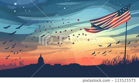 American flag waving in front of capitol building at sunset 115525573