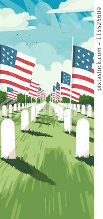 Cemetery with rows of graves, US flags fluttering in the wind 115525609