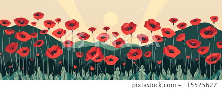 Vibrant red poppies bloom in a field with mountains as a stunning banner 115525627