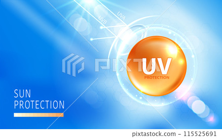 Protected shield from the sun's rays. degrees of protection against UV rays. UV protection your skin ultraviolet sunblock lotion. UV reflection skin after. cosmetic products design. vector design. 115525691